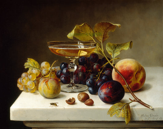 A sumptuous, alluring still-life artwork featuring luscious fruits and a glass of wine resting on a sleek marble surface.

Featuring olive, purple, claret, green, ivory, tan, yellow, blush, apricot and black.
A museum-quality fine art print with a lightly textured, matt finish, using giclée printing techniques that won't fade.