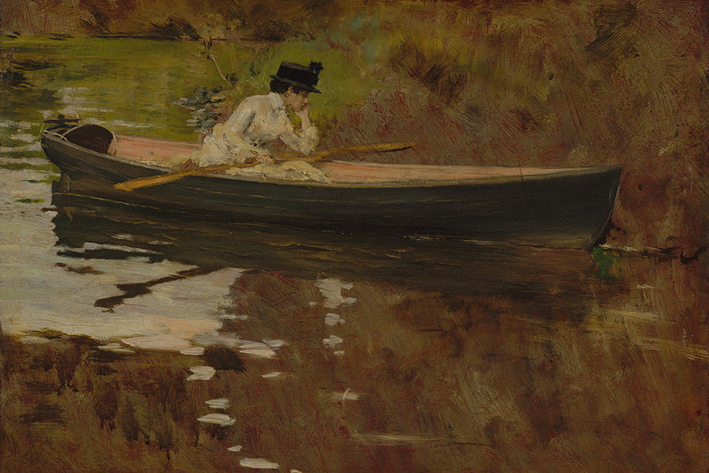 A charming impressionist style painting of a woman alone on a boat on a stream.

Featuring green, brown, cream, blush, tan, black, rust and mustard.
A museum-quality fine art print with a lightly textured, matt finish, using giclée printing techniques that won't fade.