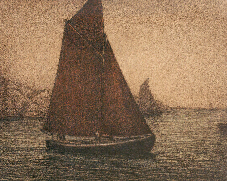 A textured, muted and moody drawing of a sailing boats on the bay.