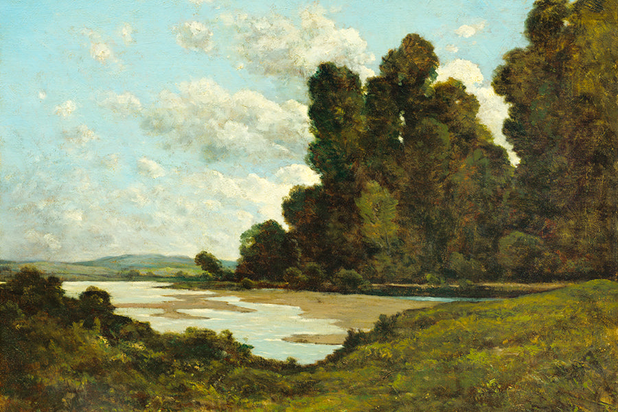 An impressionist vintage landscape painting of trees along a sandy river bed.