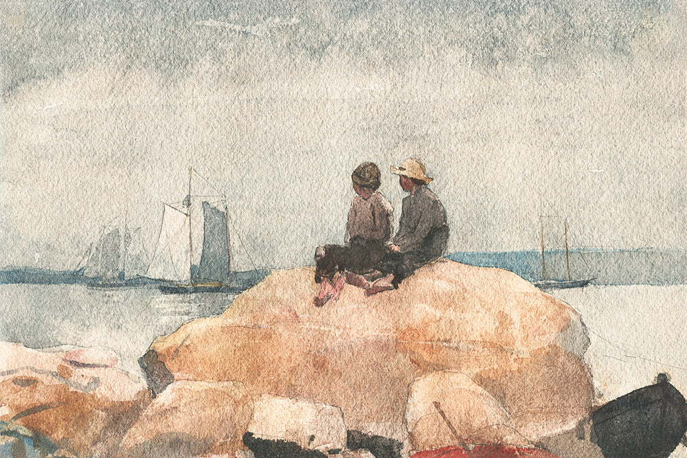 A delightful pastel coloured watercolour of 2 children sitting on a rock watching boats sail by.