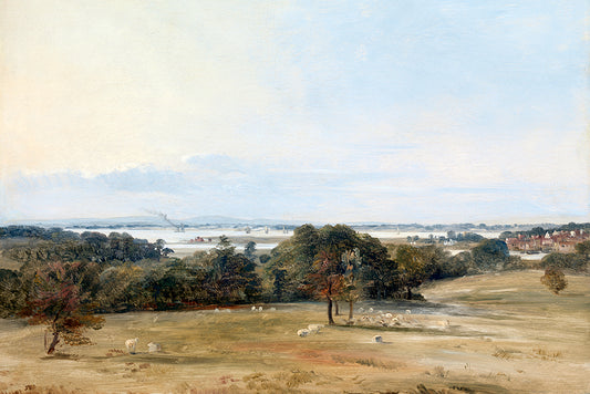 A classical landscape painting, depicting a view of a farm paddock and ocean horizon.