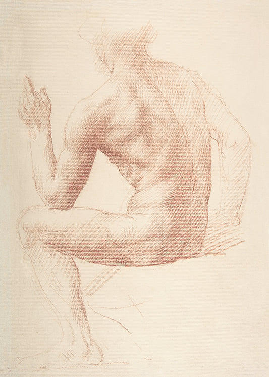 A classical nude study of a seated man.