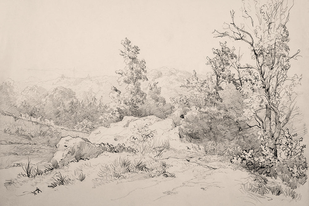 A neutral toned sketch of a country view. 