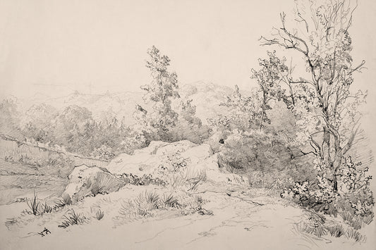 A neutral toned sketch of a country view. 