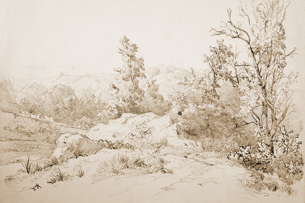 A vintage sketch of the country side done in sepia tones.