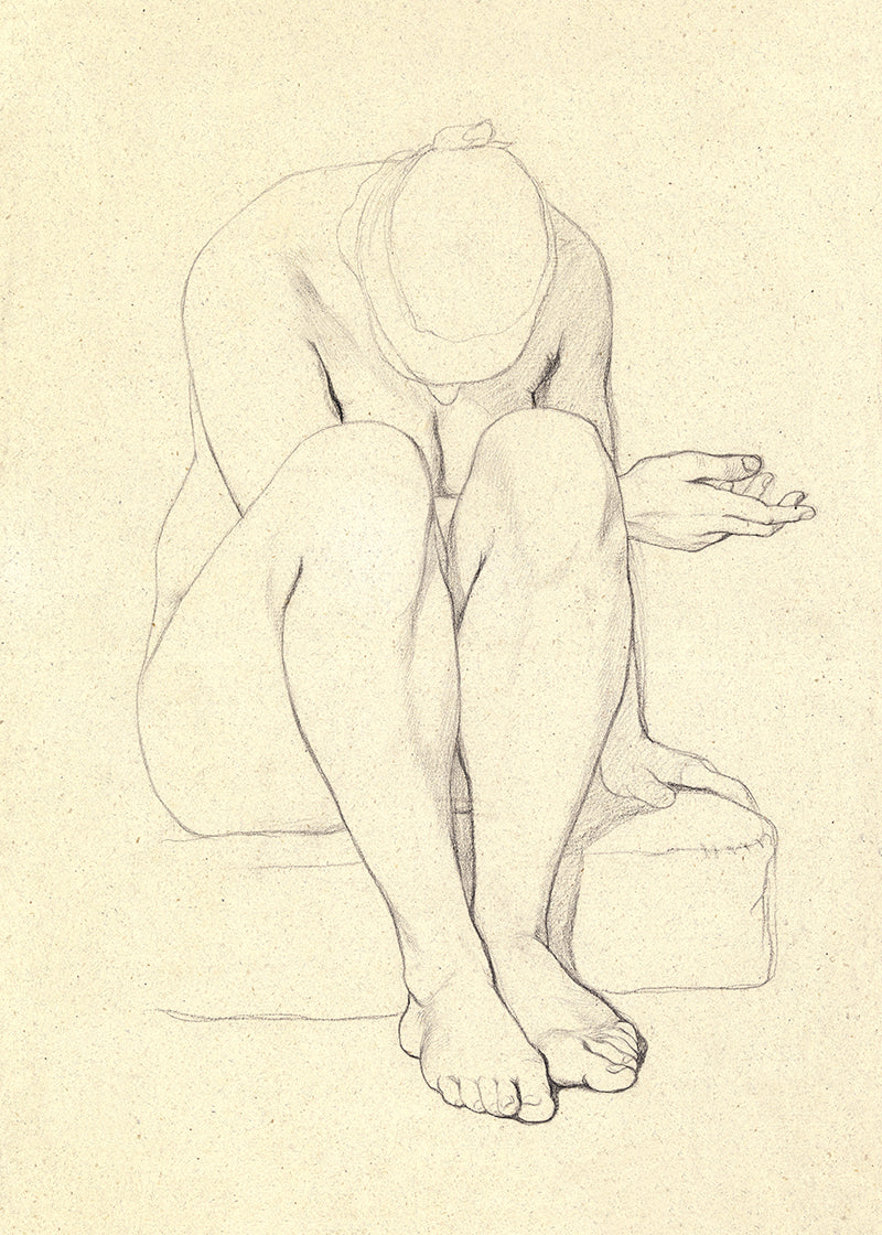 A simple but elegant sketch of a seated female on a cushion.