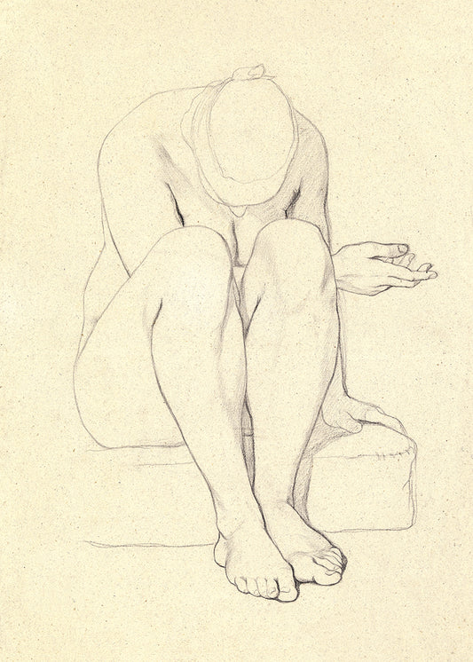 A simple but elegant sketch of a seated female on a cushion.