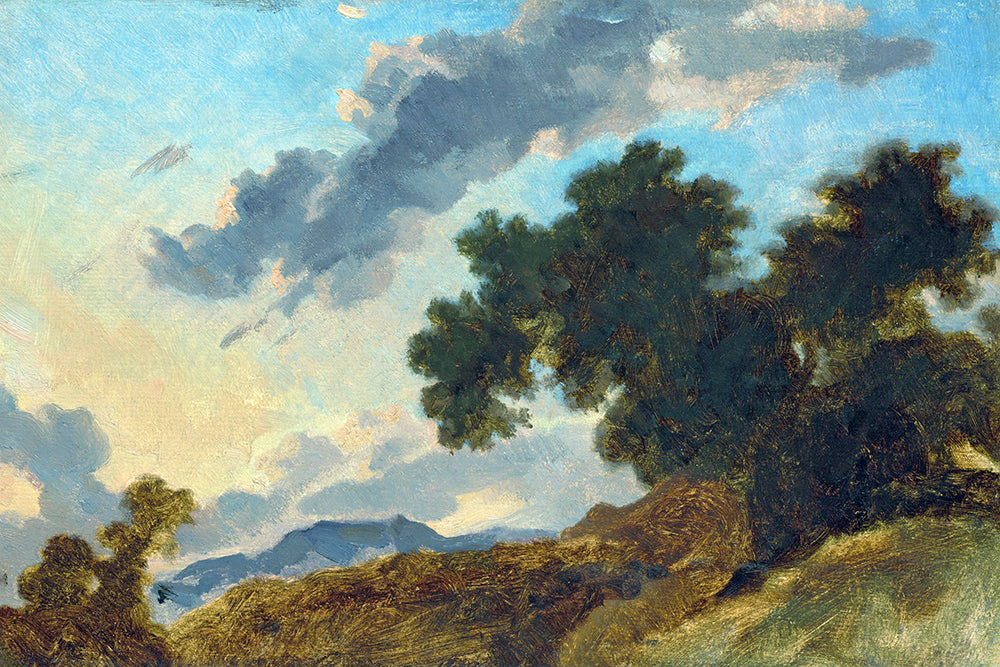 An impressionist landscape painting depicting clouds in the sky, set against a dark tree-line. 