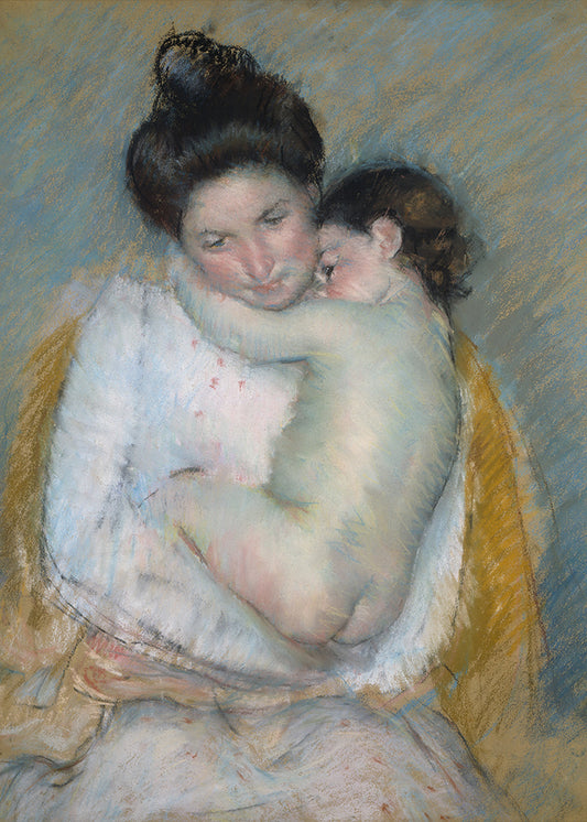A charming pastel portrait of a mother and her sleepy toddler.

Featuring blue, yellow, mustard, beige, blush, pink, mauve, black and brown.
A museum-quality fine art print with a textured, matt finish, using giclée printing techniques that won't fade.