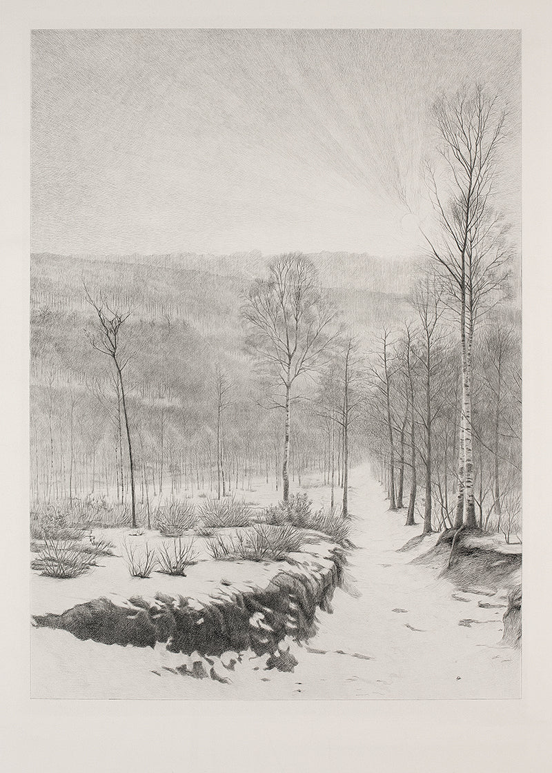 A beautiful lithograph of a snowy winter scene.