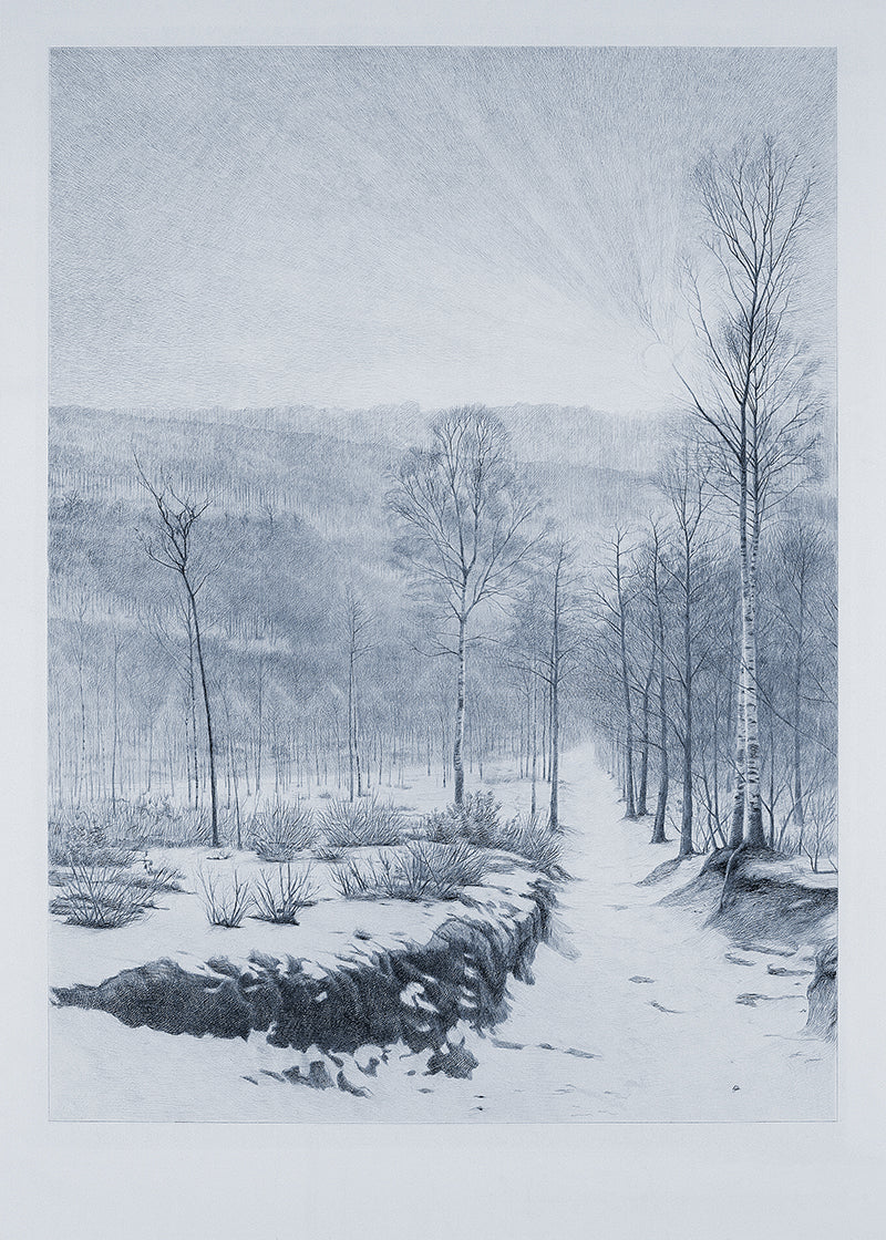 A beautiful lithograph of a snowy winter scene in a cyanotype finish.