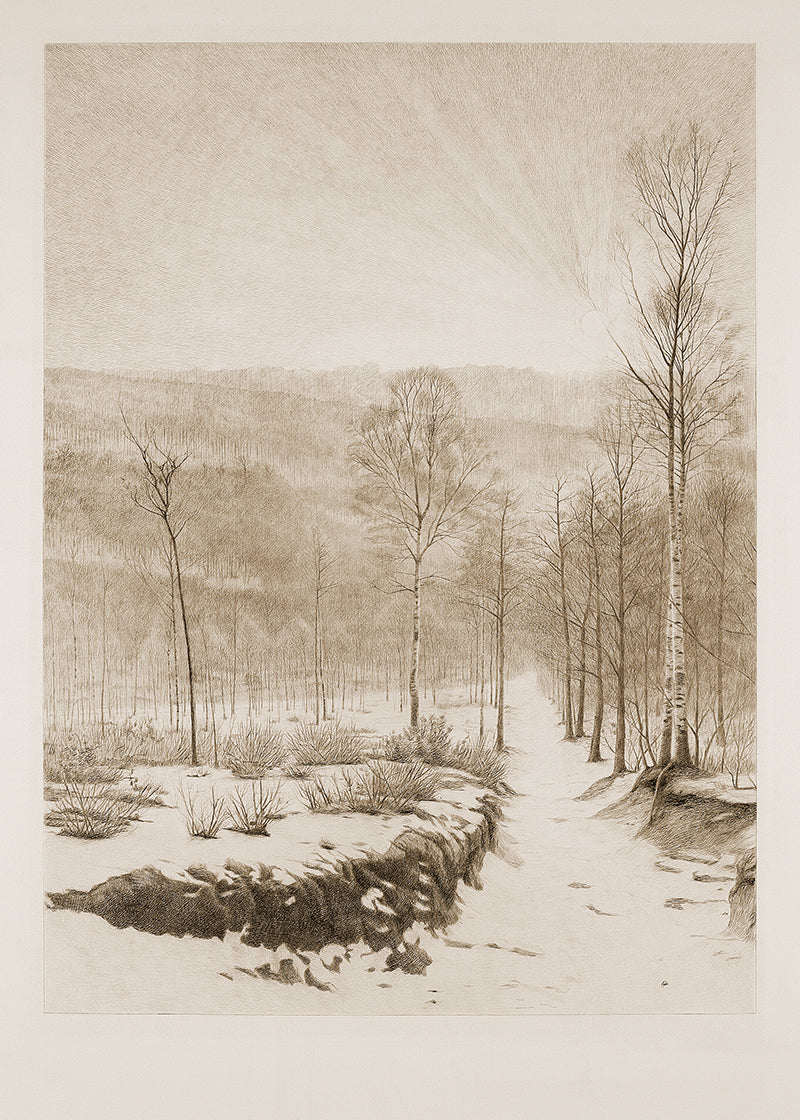 A beautiful lithograph of a snowy winter scene in sepia.