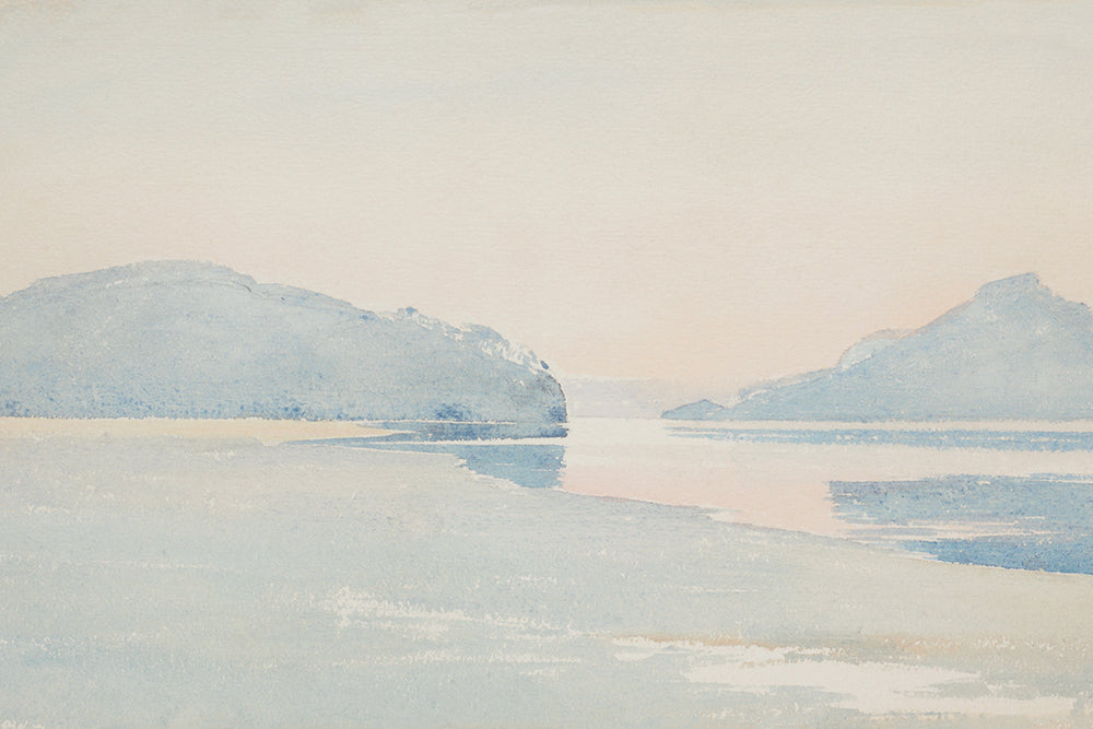 A vintage, pastel coloured watercolour of a peaceful bay. 