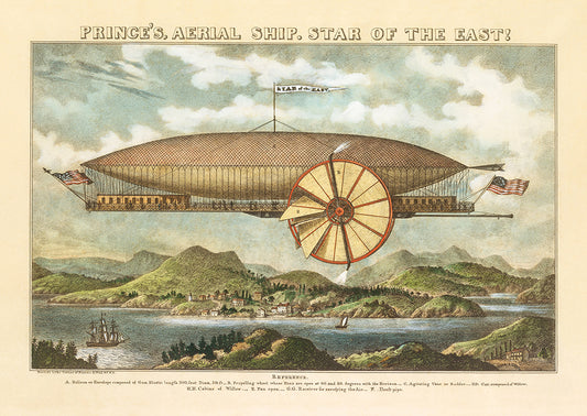 A charming vintage lithograph of an aerial star ship.&nbsp;

Featuring vintage cream, soft neutrals, blue, white, green, red, grey and black.
A museum-quality fine art print with a lightly textured, matt finish, using giclée printing techniques that won't fade.