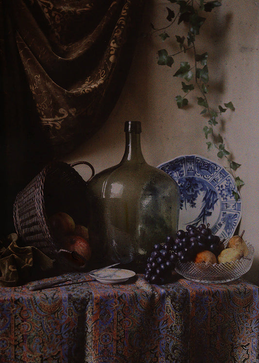 A muted and moody evocative kitchen-inspired still life vintage photograph. Rich, atmospheric tones create an intimate mood that draws you in, its aged patina adds character and warmth.

Featuring muted black, brown, blue, green, beige, yellow, red, purple and ivory.
A museum-quality fine art print with a textured, matt finish, using giclée printing techniques that won't fade.