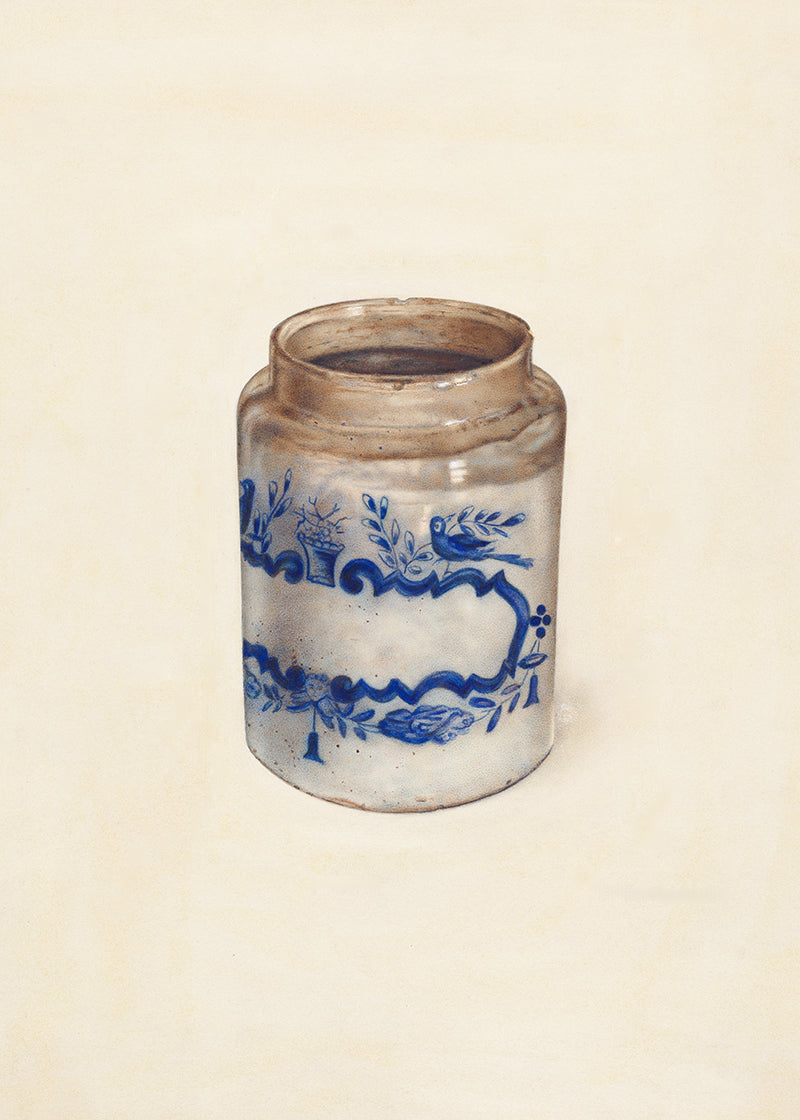 A vintage painting of a chinoiserie pot set on a cream coloured background.