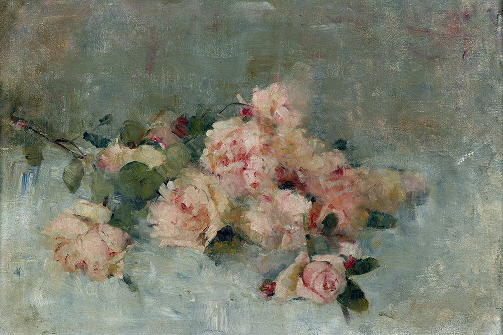 A delightfully rustic, impressionist painting of pink roses strewn across a table.