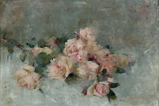 A delightfully rustic, impressionist painting of pink roses strewn across a table.

Featuring blue, pink, crimson, mauve, blush, grey, green and olive.
Please Note the 24"x32" print has a white border.
A museum-quality fine art print with a lightly textured, matt finish, using giclée printing techniques that won't fade.