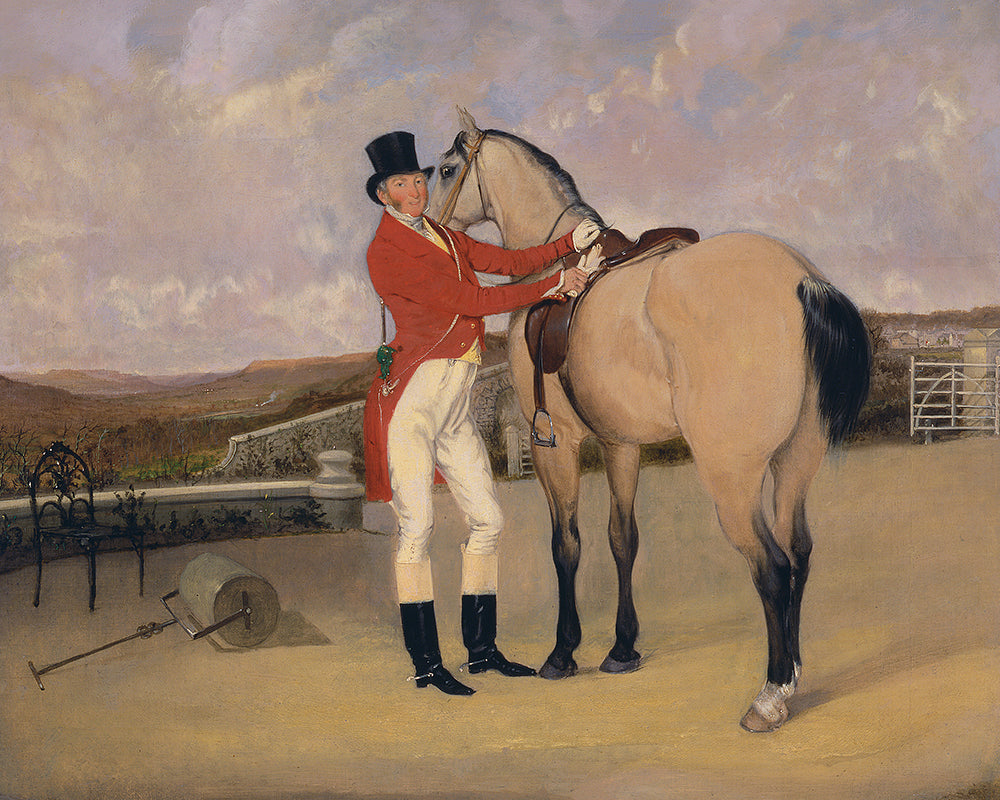 A delightful vintage painting of a man in a red coat standing proudly beside his stud horse.