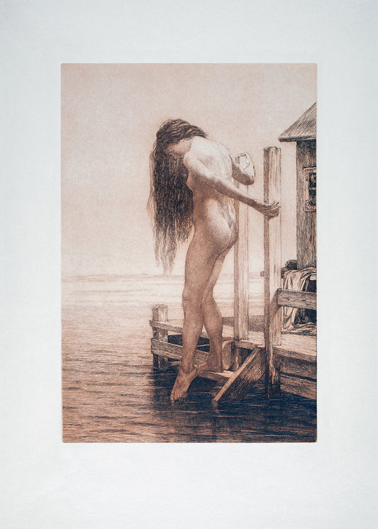 A beautiful lithograph of an elegant female dipping her toe into the ocean.

Featuring black, blush, apricot and warm tones.
A museum-quality fine art print with a lightly textured, matt finish, using giclée printing techniques that won't fade.