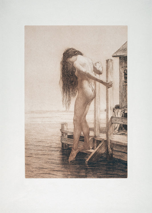 A beautiful lithograph of an elegant female dipping her toe into the ocean.