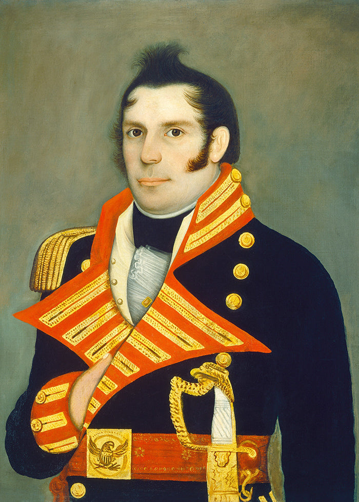 A stylised portrait of a man in military dress.