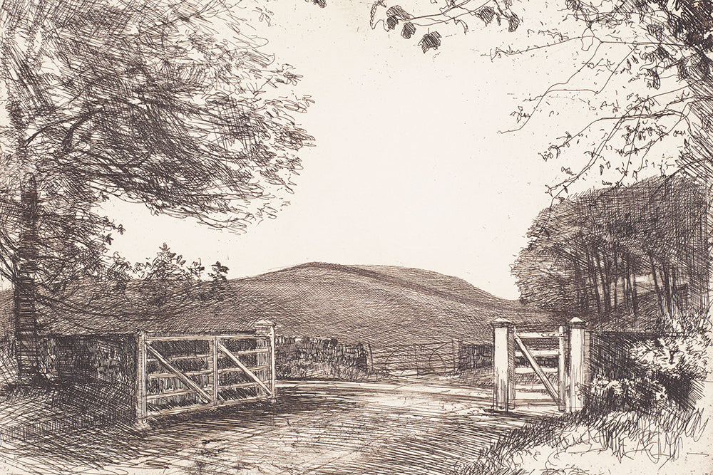 A vintage lithograph of a farm fence, set amongst fields. This print works well in combination with other complementary prints, ie in a gallery wall or in a vertical 2 stack. Use to add texture to your space.