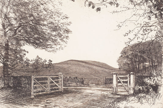 A vintage lithograph of a farm fence, set amongst fields. This print works well in combination with other complementary prints, ie in a gallery wall or in a vertical 2 stack. Use to add texture to your space.