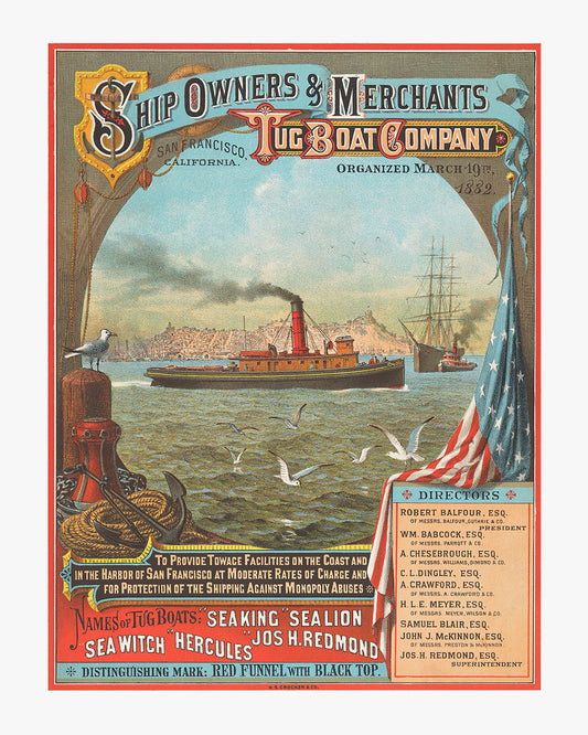 A bright vintage poster advertising the Tug Boat Company. Perfect for a boys room.

Featuring, blue, white, black, red, apricot, yellow and khaki green.
A museum-quality fine art print with a textured, matt finish, using giclée printing techniques that won't fade.