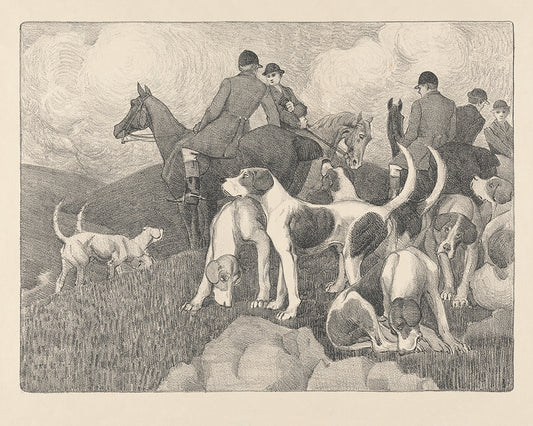 A delightful pencil sketch of a hunting scene. Part of a pair.

Featuring grey and cream.
A museum-quality fine art print with a lightly textured, matt finish, using giclée printing techniques that won't fade.