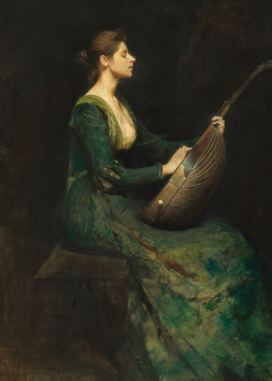 A charming vintage portrait of a seated lady holding a Lute.&nbsp;

Featuring shades of green and black with beige, soft caramels, golds, chocolate brown and a hint of blush.
A museum-quality fine art print with a lightly textured, matt finish, using giclée printing techniques that won't fade.