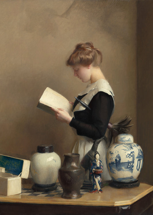 A charming portrait of a maid, stealing a moment to read while dusting.

Featuring shades of blue, grey, white, cream, tan, beige, soft caramels and a hint of blush.
A museum-quality fine art print with a lightly textured, matt finish, using giclée printing techniques that won't fade.