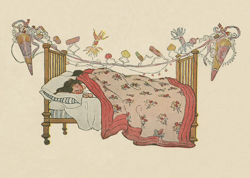 A charming illustration of a child sleeping in her decorated room on Christmas Eve.

Featuring vintage cream, red, brown, tan, mauve, black, blue, white, pink and yellow.
A museum-quality fine art print with a lightly textured, matt finish, using giclée printing techniques that won't fade.