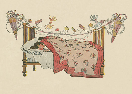 A charming illustration of a child sleeping in her decorated room on Christmas Eve.

Featuring vintage cream, red, brown, tan, mauve, black, blue, white, pink and yellow.
A museum-quality fine art print with a lightly textured, matt finish, using giclée printing techniques that won't fade.