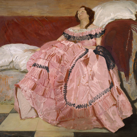 A vintage painting of a sleeping women in a pink dress.&nbsp;

Featuring, pinks, rusts, caramels, whites, creams and black.
A museum-quality fine art print with a lightly textured, matt finish, using giclée printing techniques that won't fade.