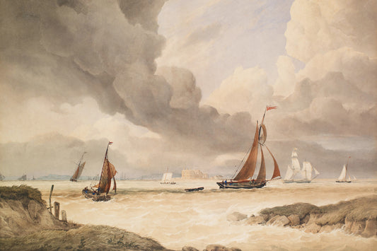 A beautiful softly toned, painting of yachts at sea.&nbsp;

Featuring a calming palette of blue, grey, cream, rust and warm neutrals.
A museum-quality fine art print with a lightly textured, matt finish, using giclée printing techniques that won't fade.