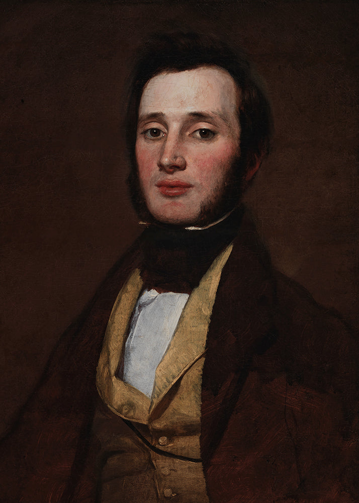 A dark and moody portrait of a young man in a brown jacket and yellow waist coat. This print has a lovely vintage patina.

Featuring shades of brown, yellow, blush, pink and white.
A museum-quality fine art print with a lightly textured, matt finish, using giclée printing techniques that won't fade.