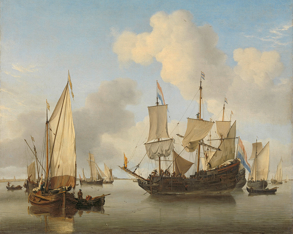 A moody vintage painting of ships near port.