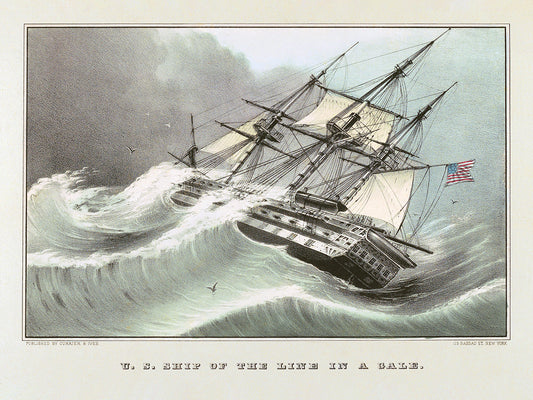 A vintage lithograph of a US tall ship in a storm.&nbsp;

Featuring black, grey, shades of blue, cream, white and hints of red.
A museum-quality fine art print with a lightly textured, matt finish, using giclée printing techniques that won't fade.