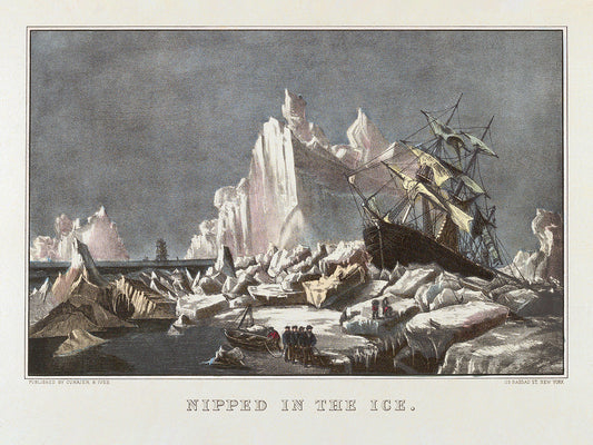 A moody vintage lithograph of a tall ship frozen into the ice in the Arctic.&nbsp;

Featuring black, grey, shades of blue, cream, white and blush.
A museum-quality fine art print with a lightly textured, matt finish, using giclée printing techniques that won't fade.