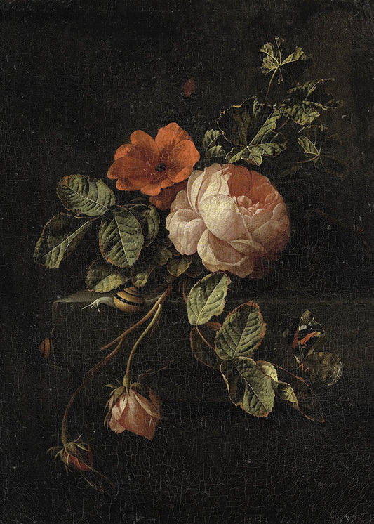 A classical dark and moody, vintage still life painting of a rose and butterfly. This canvas print has a lovely vintage patina.