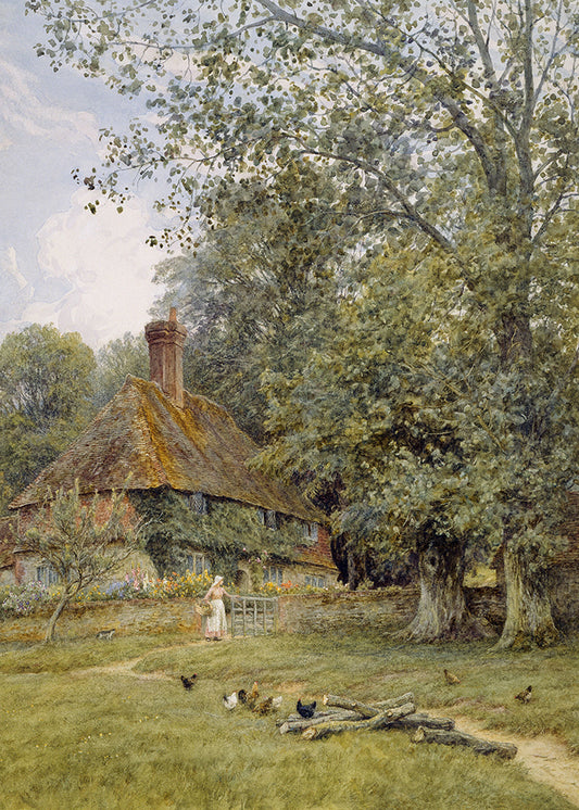 A delightfully whimsical country cottage.

Featuring blue, grey, lime and olive green, brown, mustard, black, blush, mauve, orange, yellow and white.
A museum-quality fine art print with a lightly textured, matt finish, using giclée printing techniques that won't fade.