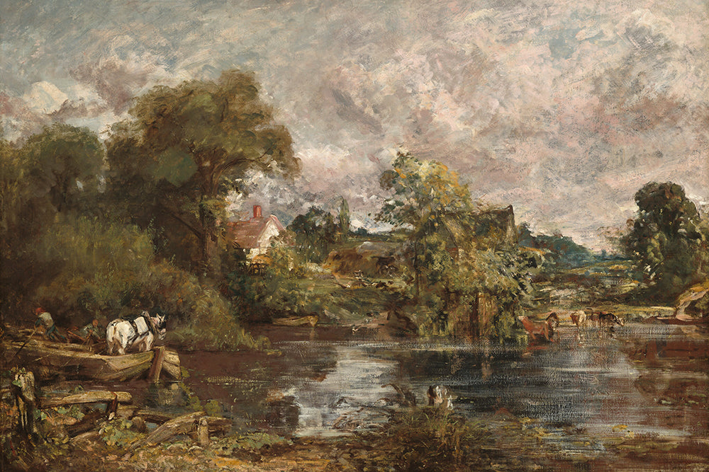 Landscape painting of a river with trees, buildings, and people by John Constable.