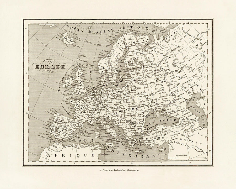 A vintage, French map of Europe.

Featuring black and vintage cream.
A museum-quality fine art print with a lightly textured, matt finish, using giclée printing techniques that won't fade.