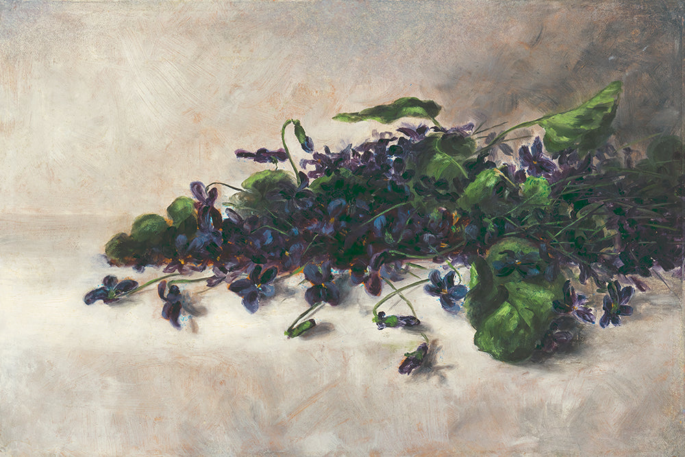 An ambient, vintage still life painting of violets on a kitchen bench.&nbsp;