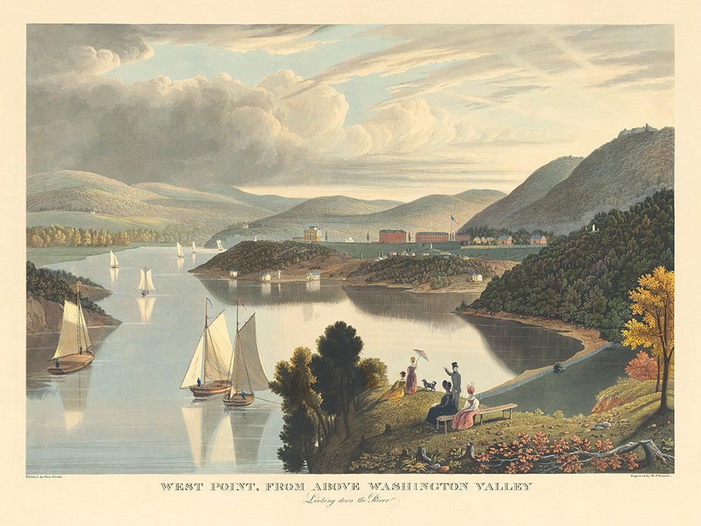 A vintage lithograph of West Point, part of a pair.