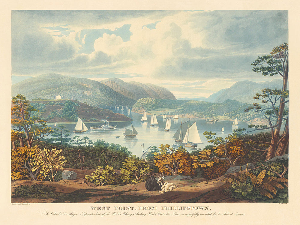 A vintage lithograph of West Point, part of a pair.  Featuring vintage cream, grey, blue, green, white, yellow, rust, tan, pink and brown. A museum-quality fine art print with a lightly textured, matt finish, using giclée printing techniques that won't fade.