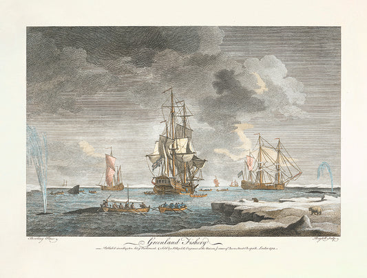 A vintage lithograph of whaling ships at sea. Part of a series.