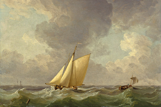 A sweet vintage painting of a small sail boat abreast a choppy sea. This print has a lovely textured patina.

Featuring soft shades&nbsp;of green, blue, grey, white, cream, brown, mauve and yellow.
A museum-quality fine art print with a lightly textured, matt finish, using giclée printing techniques that won't fade.